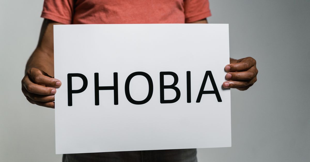 Adult holding a sign with 'Phobia' to convey fear and anxiety concepts.