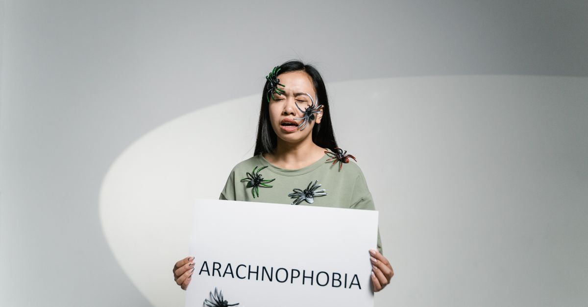 Woman with spiders on face and body holding sign reading 'Arachnophobia'.